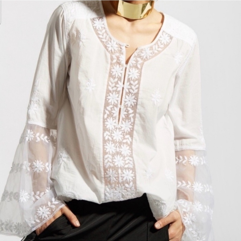 Calypso | White Kempsey Lace Tunic Top w Bell Sleeves, M NWT